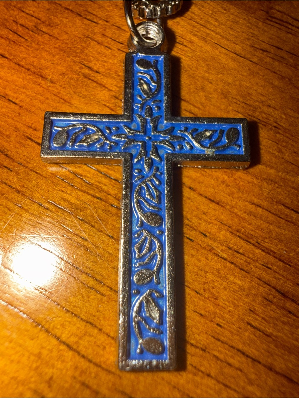 Vintage Blue Enamel Silver tone Cross Crucifix Pendant Necklace
